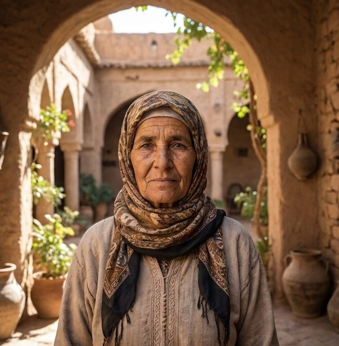 Synthetic archetype: an older woman under a stone archway